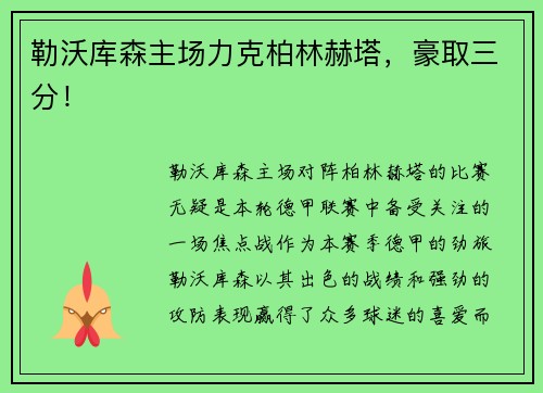 勒沃库森主场力克柏林赫塔，豪取三分！